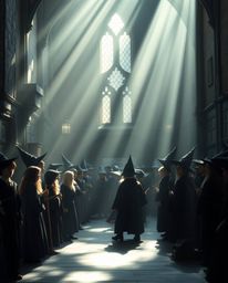 Immerse yourself in a magical school bathed in soft, gentle light, where young wizards learn and grow in a dreamy atmosphere.