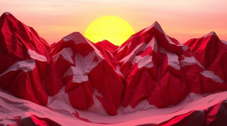 A stunning papier-mâché sculpture depicts snow-covered mountains bathed in the warm glow of a pastel sunset.  The artist's sk
