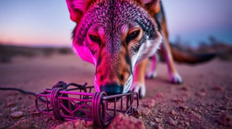 This image captures an extreme macro close-up of a coyote and its trap in the harsh desert environment, rendered with deep ul