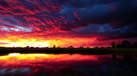 Experience the breathtaking beauty of a vibrant sunset mirrored in a tranquil pond, showcasing intense dramatic weather with 