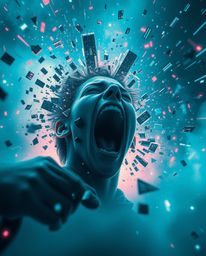 A captivating image depicting a person screaming as their world disintegrates into a mesmerizing pixelated landscape.  The fu