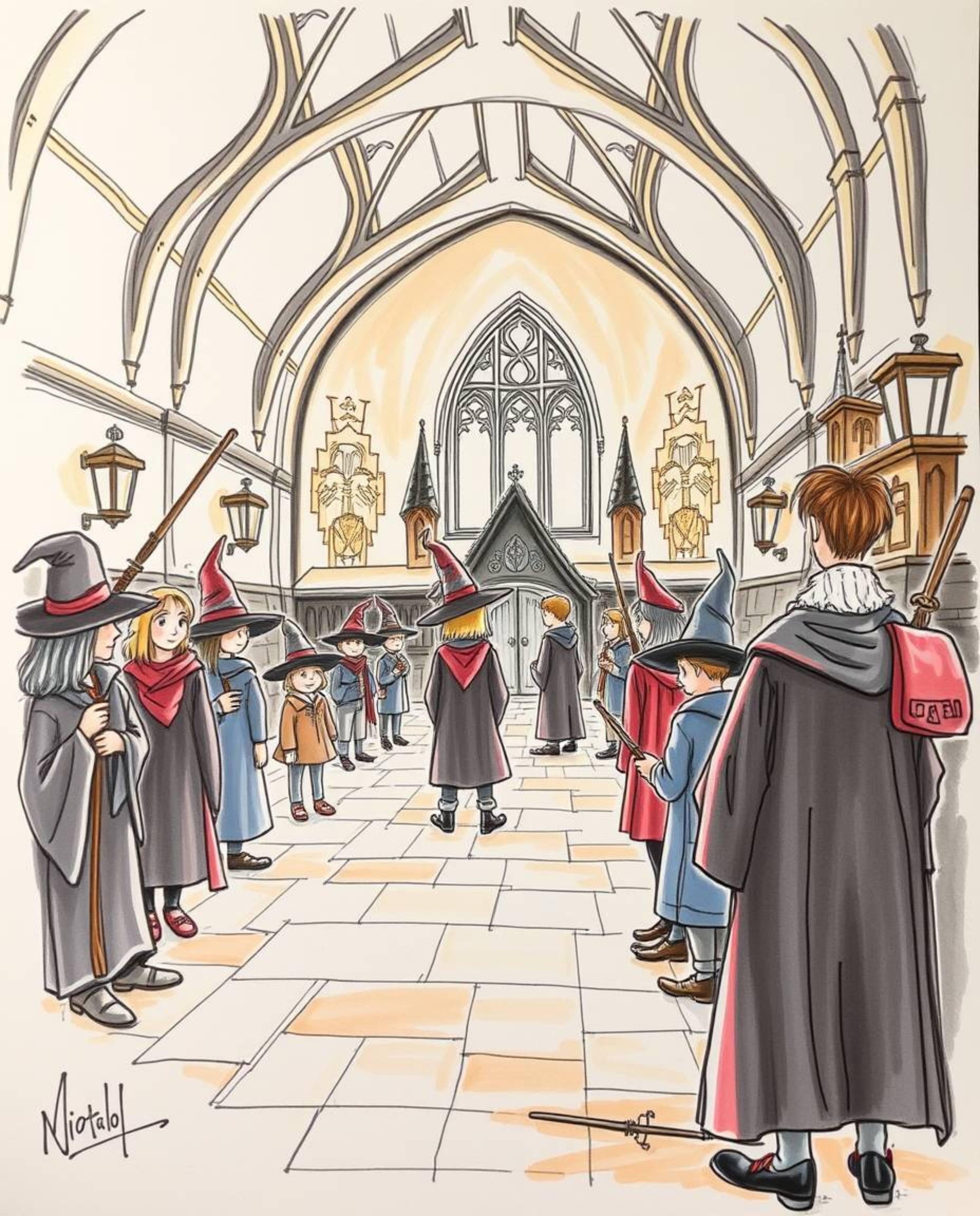 A captivating hand-drawn sketch transports viewers to a magical school brimming with young wizards.  Rendered in a dramatic, 
