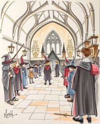 A captivating hand-drawn sketch transports viewers to a magical school brimming with young wizards.  Rendered in a dramatic, 