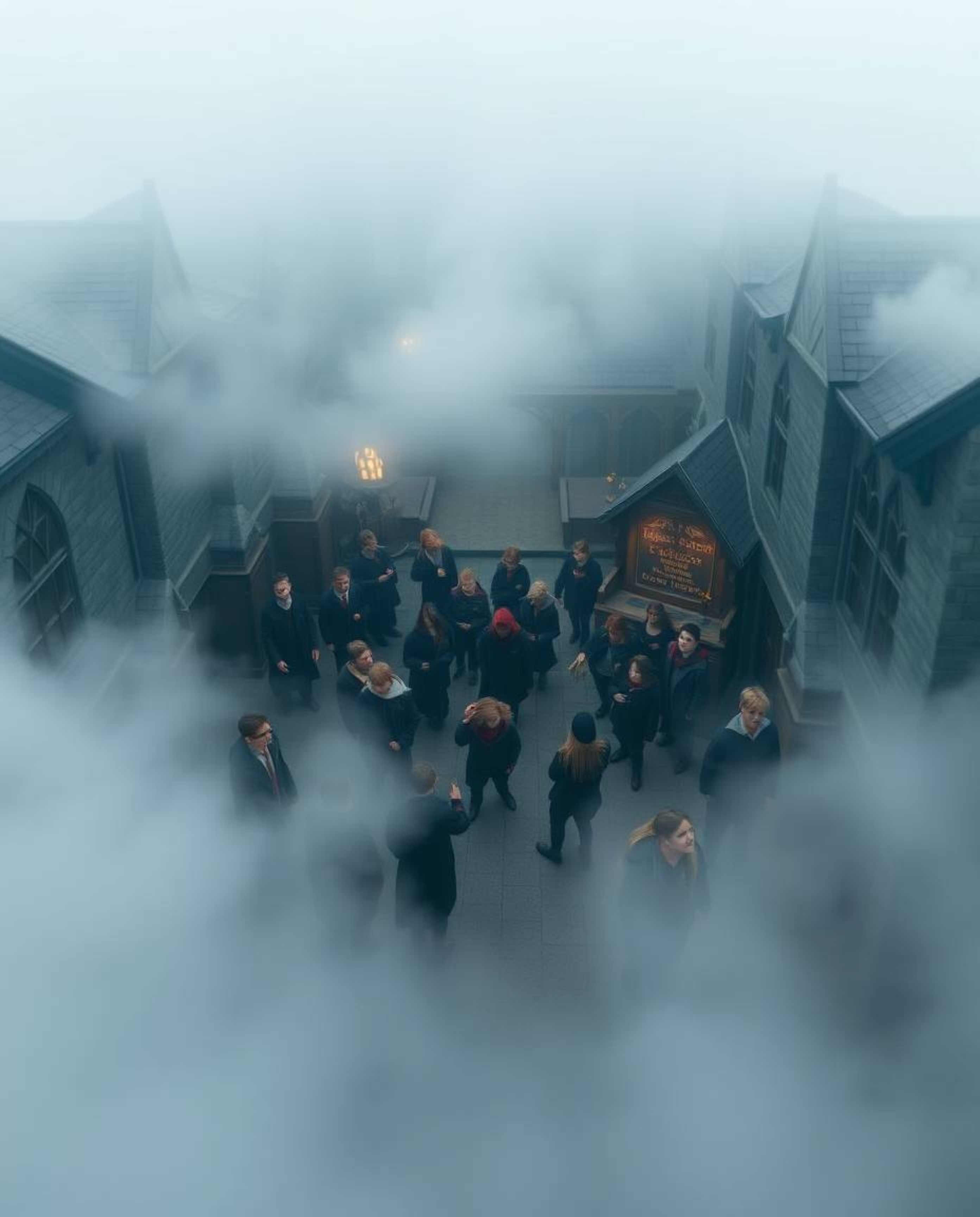 Experience a mystical high-angle view of a magical school shrouded in thick fog.  Young wizards attend this enchanting academ