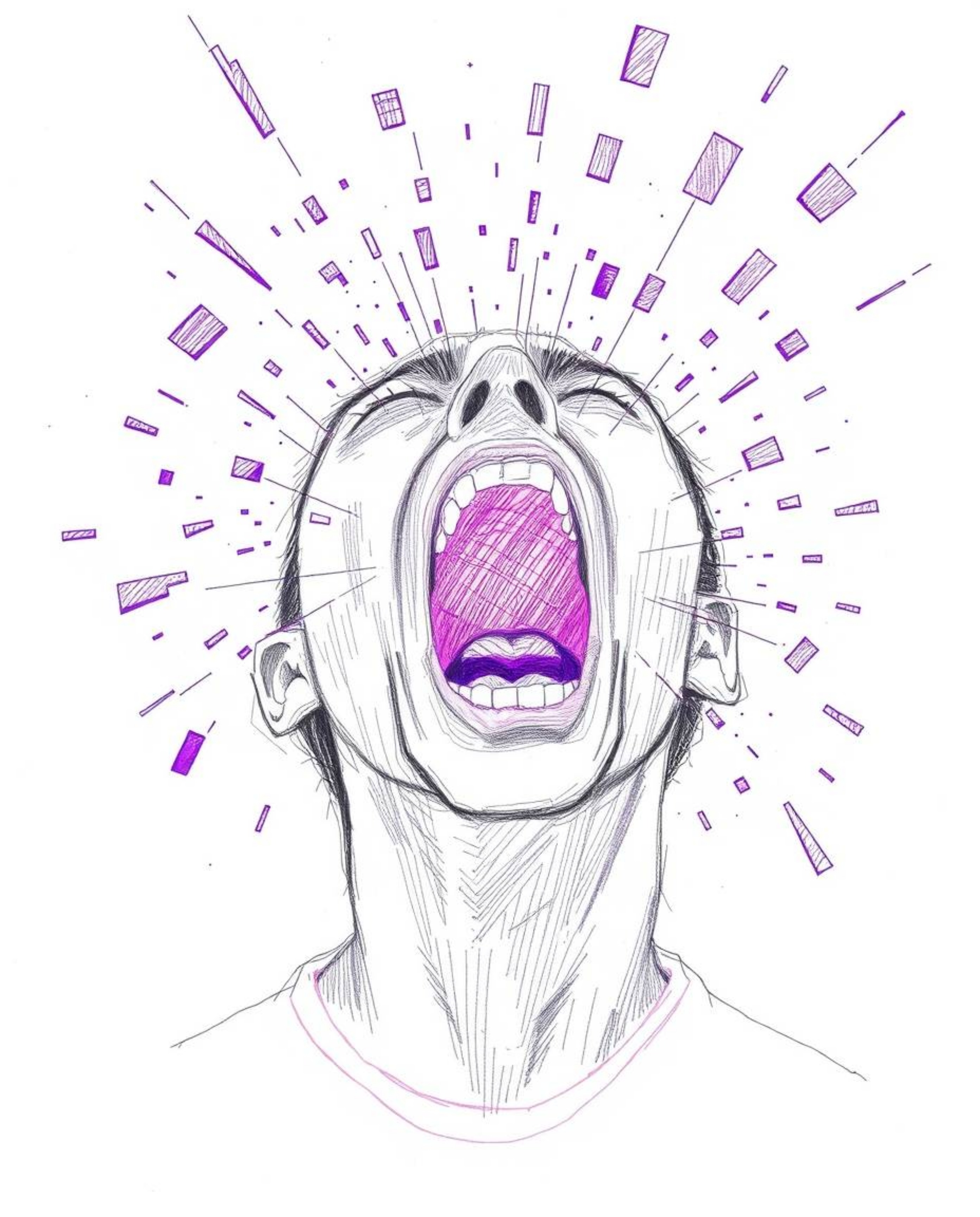A captivating digital art piece depicts a person screaming amidst a world dissolving into vibrant ultraviolet pixels.  Render
