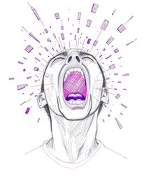 A captivating digital art piece depicts a person screaming amidst a world dissolving into vibrant ultraviolet pixels.  Render