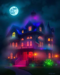 Immerse yourself in the enchanting allure of a fog-laden Victorian mansion bathed in moonlight. This captivating scene featur