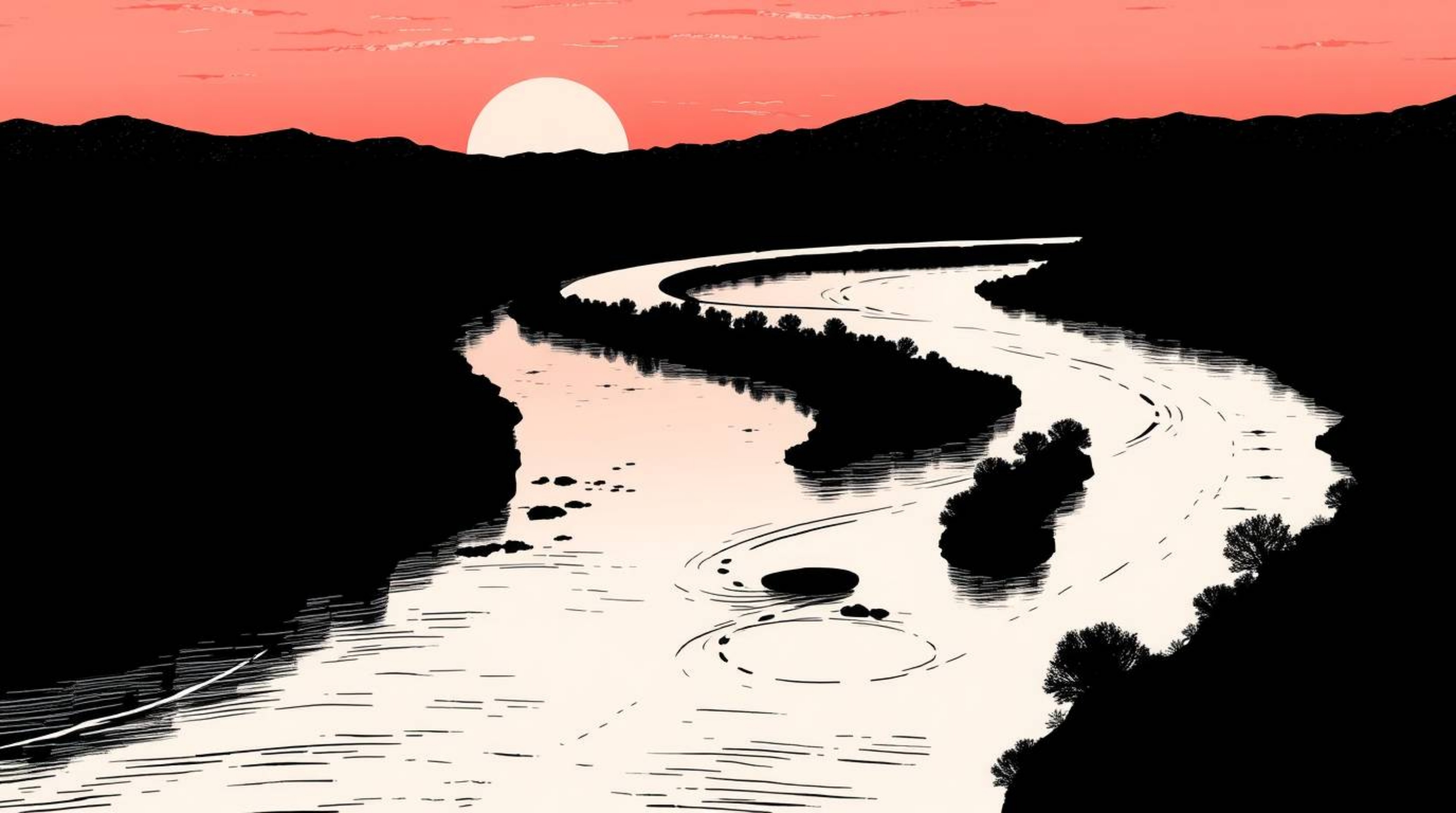 A captivating black and white illustration in the chiaroscuro style depicts a winding river glowing under a dramatic orange-p
