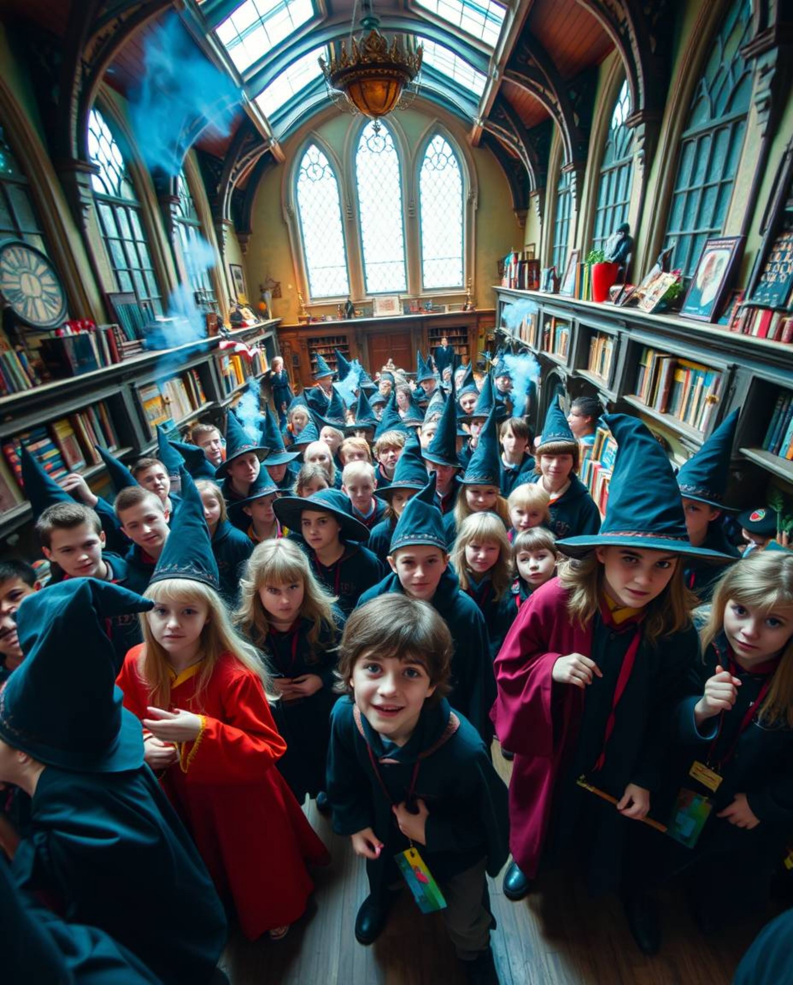 Experience the enchanting atmosphere of a magical school filled with young wizards, captured in a vibrant high-angle perspect
