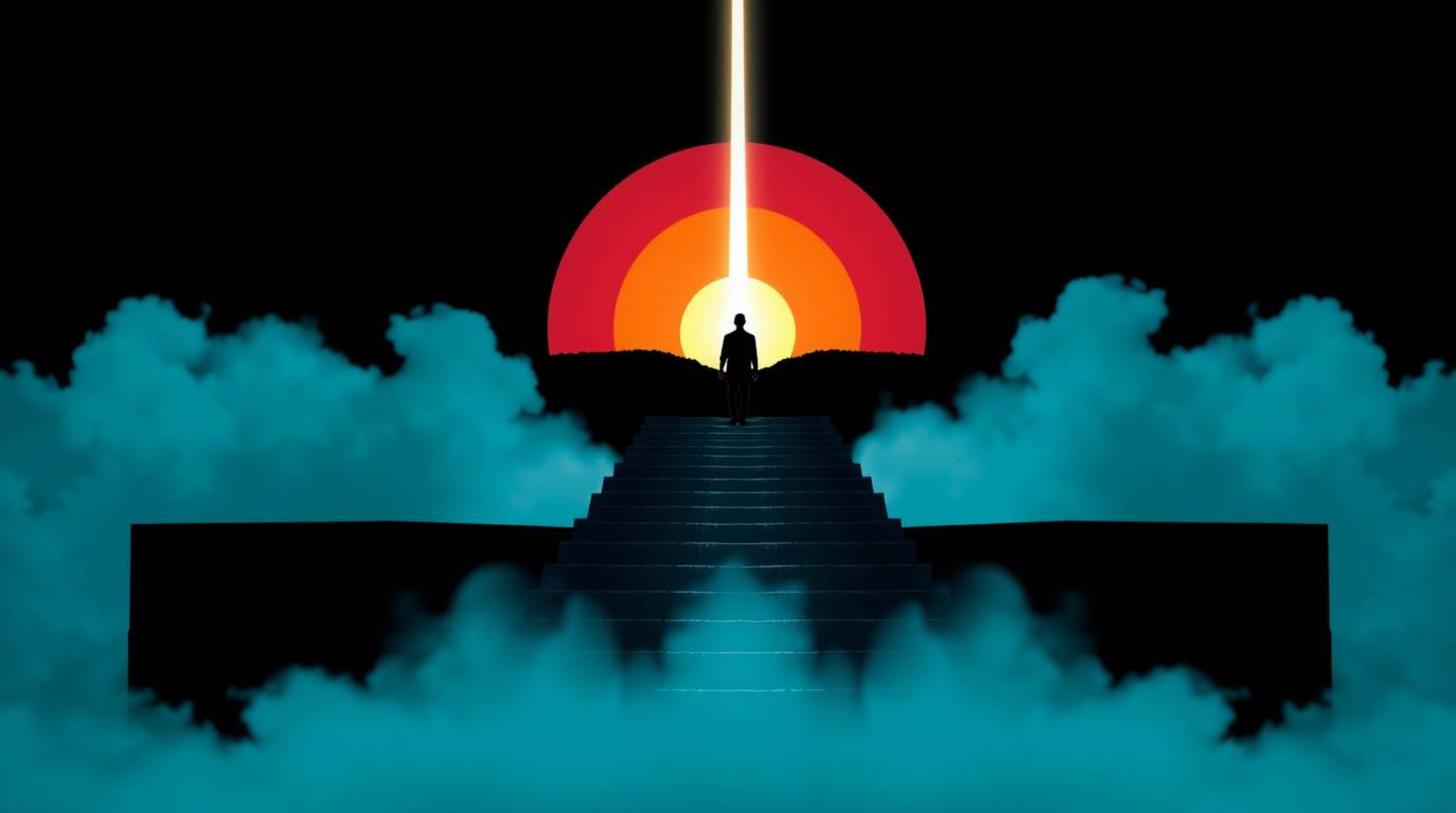 This striking geometric logo depicts a lone figure ascending a weathered stone staircase, drawn towards a radiant beam of div