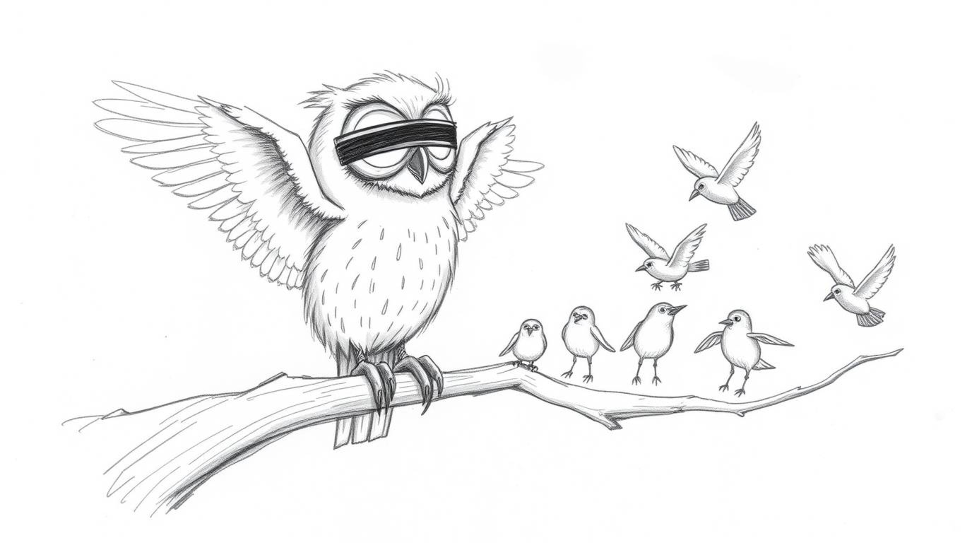 A charming hand-drawn sketch in the style of Pixar depicts a kind, blind owl with beautifully textured feathers patiently tea