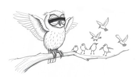 A charming hand-drawn sketch in the style of Pixar depicts a kind, blind owl with beautifully textured feathers patiently tea