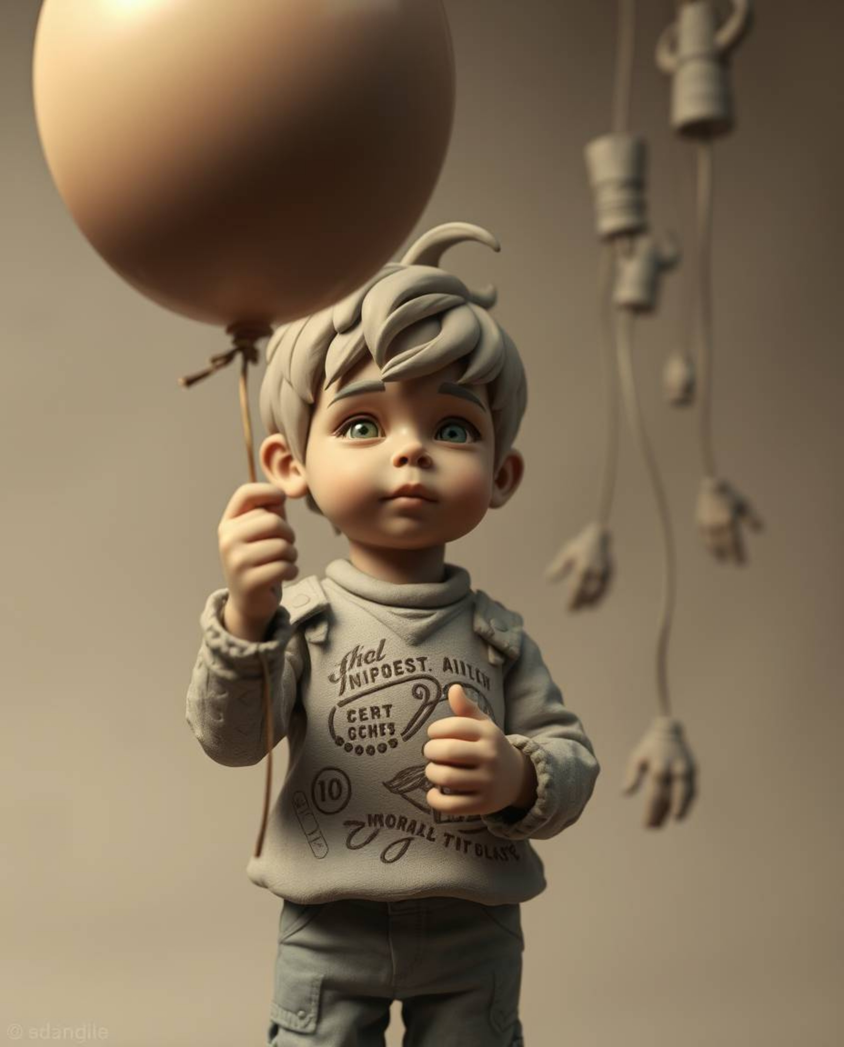 A captivating scene unfolds, portraying a child gently holding a balloon rendered in sculptural clay art. The artwork boasts 