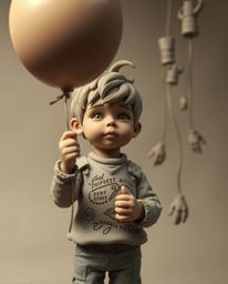 A captivating scene unfolds, portraying a child gently holding a balloon rendered in sculptural clay art. The artwork boasts 