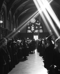 A timeless black and white photograph captures a magical school teeming with young wizards. Bright lens flares and light stre