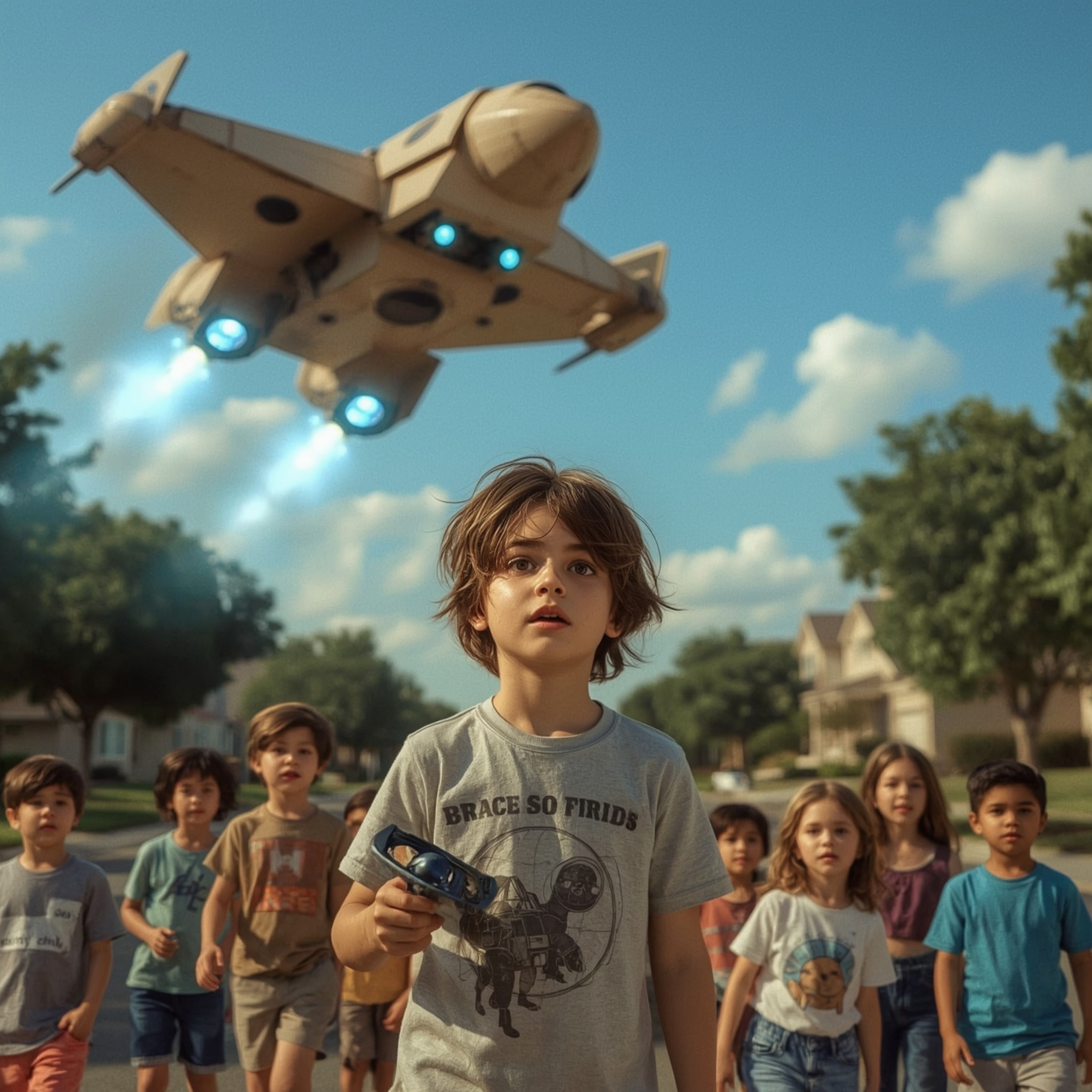 Exquisite high-fashion photography captures a young boy with messy brown hair and curious eyes, piloting a functional cardboa