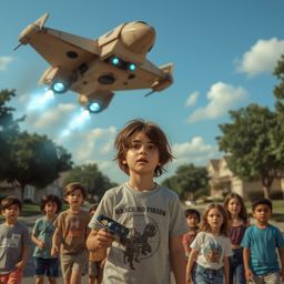 Exquisite high-fashion photography captures a young boy with messy brown hair and curious eyes, piloting a functional cardboa