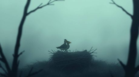A charming scene depicting two cartoon birds meticulously constructing a nest amidst a thick, foggy environment. Rendered in