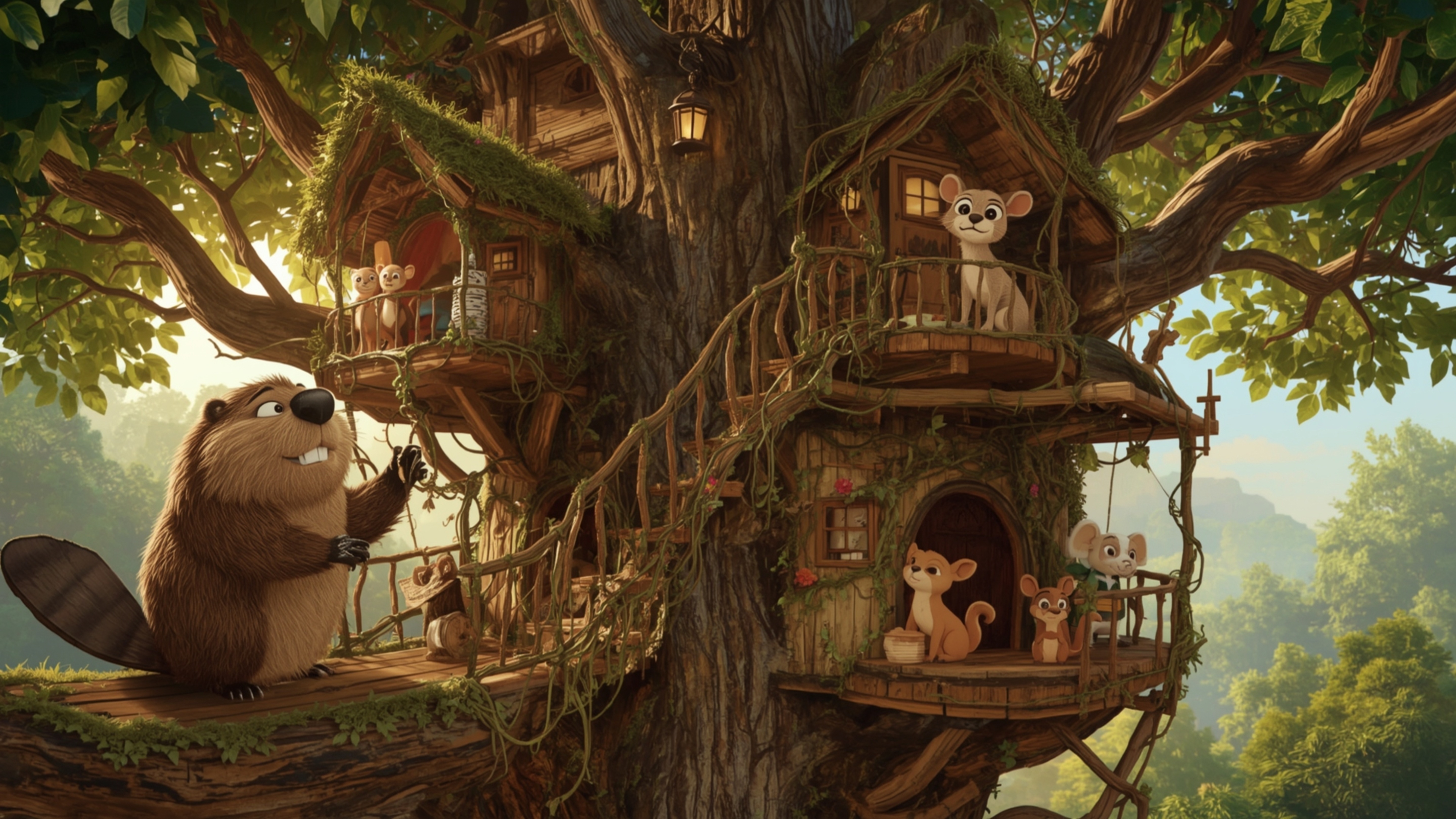 A highly detailed, high-resolution stock photo, reminiscent of Pixar's whimsical style, captures a busy beaver constructing t
