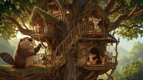 A highly detailed, high-resolution stock photo, reminiscent of Pixar's whimsical style, captures a busy beaver constructing t