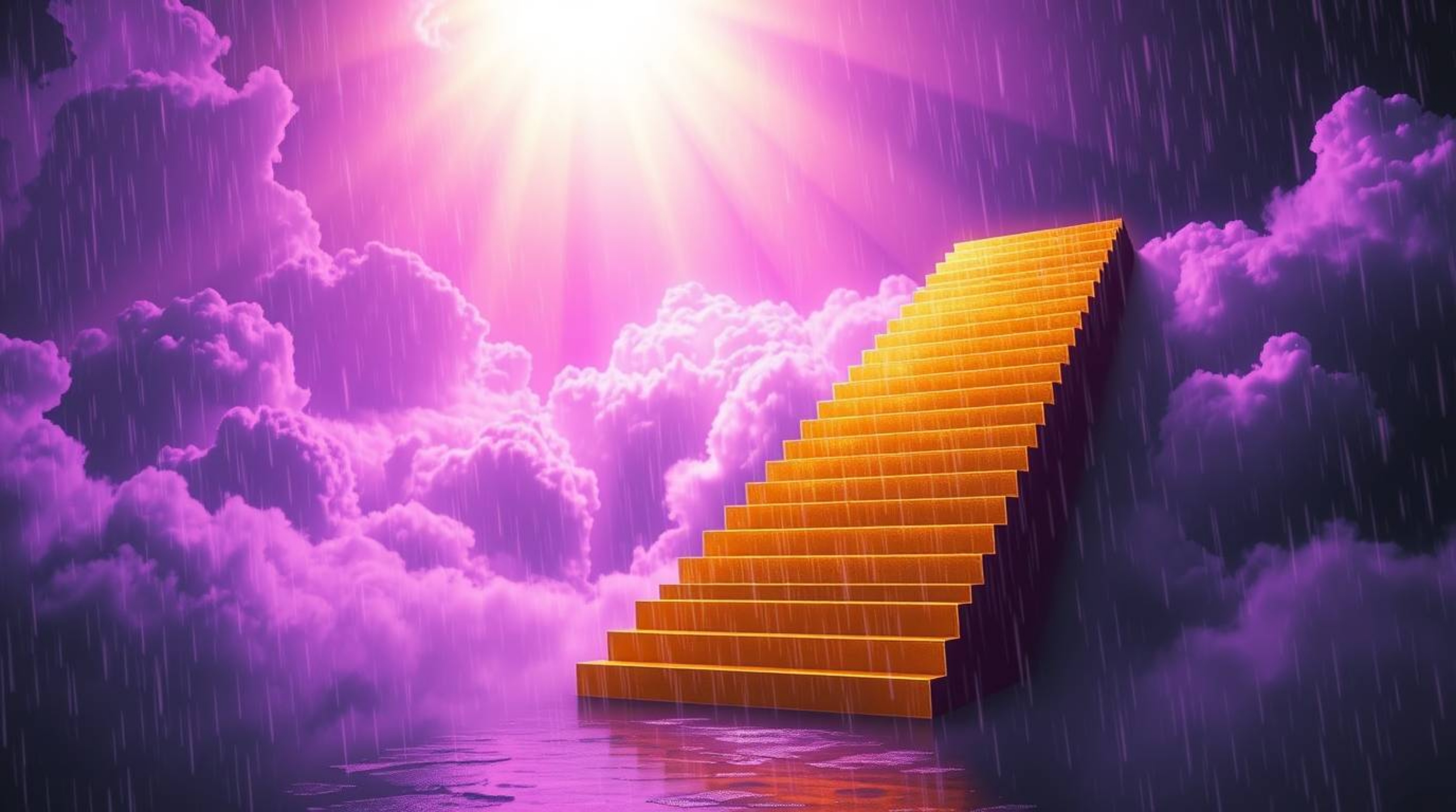 A captivating photorealistic image depicts a golden staircase ascending through clouds towards a radiant heaven. Sunlight pie