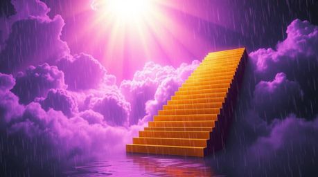 A captivating photorealistic image depicts a golden staircase ascending through clouds towards a radiant heaven. Sunlight pie