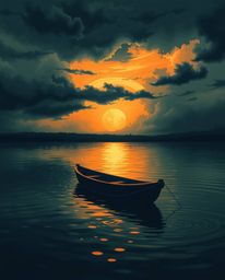 A moody illustration depicts a boat drifting on a lake at sunset. The scene is dominated by dramatic stormy skies, which crea