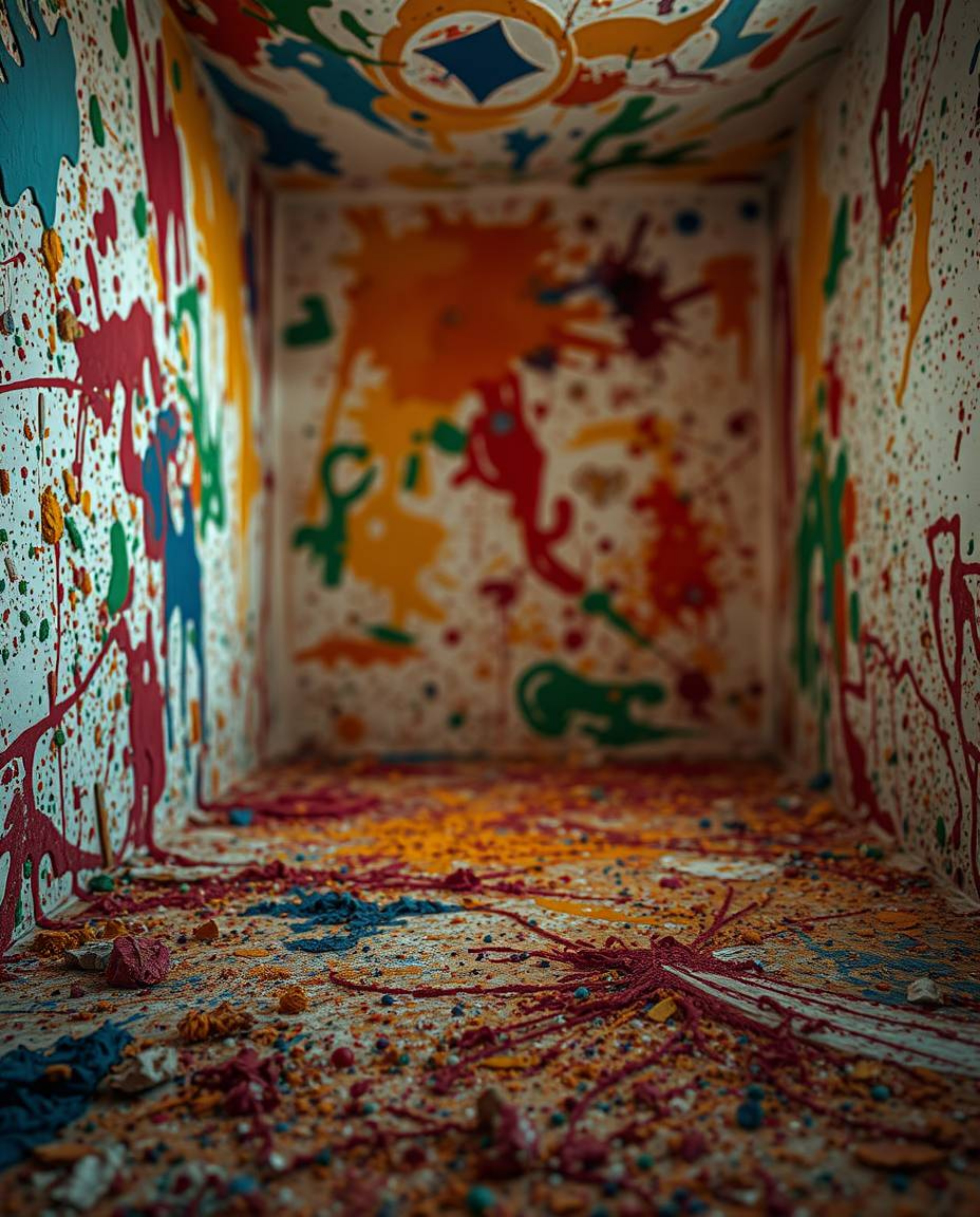 A vibrant and chaotic scene featuring a room exploding with paint, captured in a tight close-up shot. Volumetric lighting ill