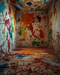 A vibrant and chaotic scene featuring a room exploding with paint, captured in a tight close-up shot. Volumetric lighting ill