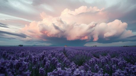 Experience the captivating intensity of dramatic weather and sculptural clay art where lavender fields glow beneath a dreamy 