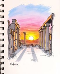 Experience ancient stone ruins at sunset through a vibrant, hand-drawn color sketchnote. This artwork uses a loose style with