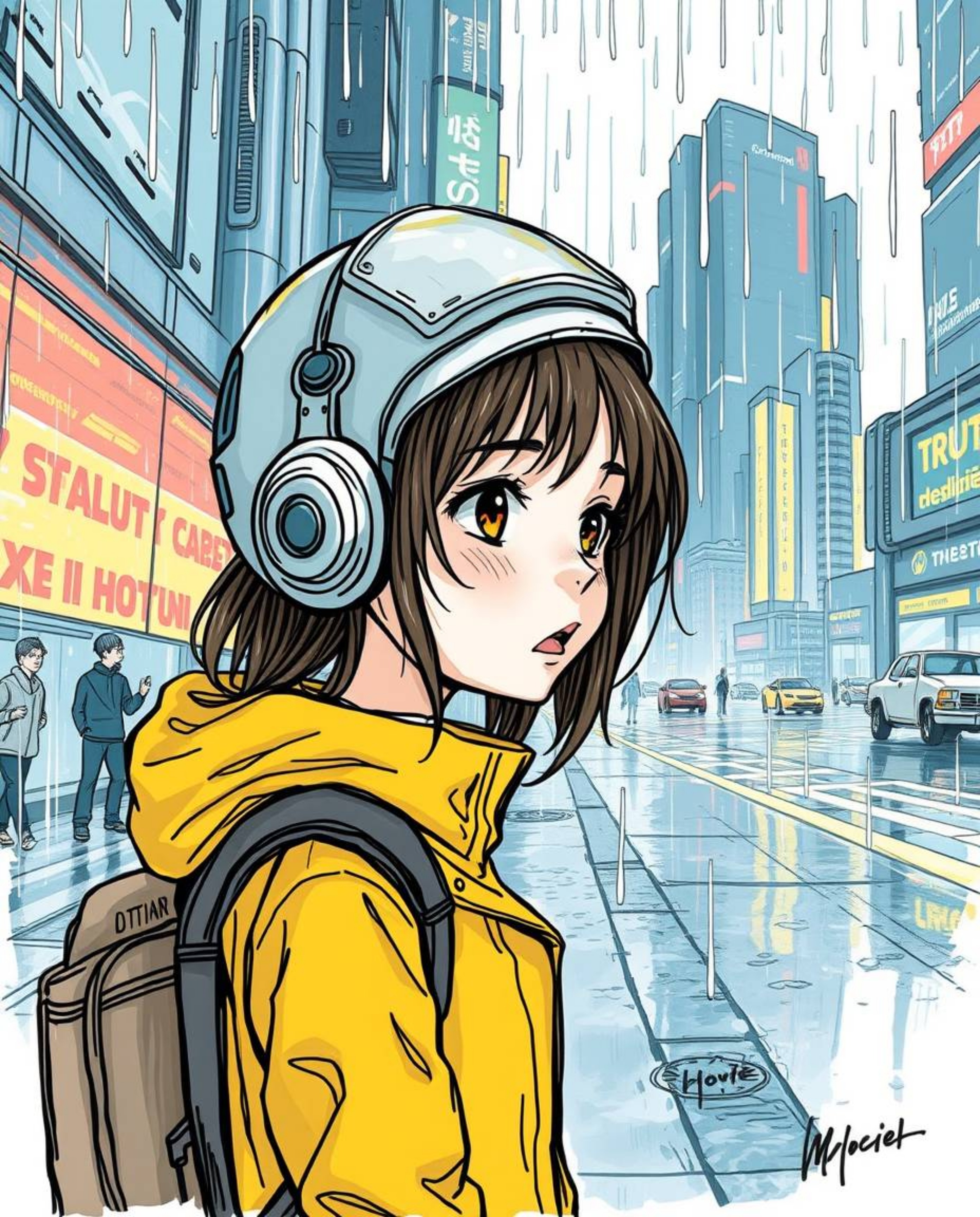 Explore a vibrant, hand-drawn illustration depicting a young inventor girl in a futuristic cityscape, caught in a mesmerizing
