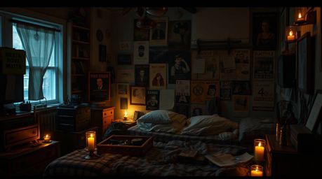 Explore a chaotic yet intriguing bedroom scene, filled with a mix of strange gadgets and vibrant posters, all brought to life