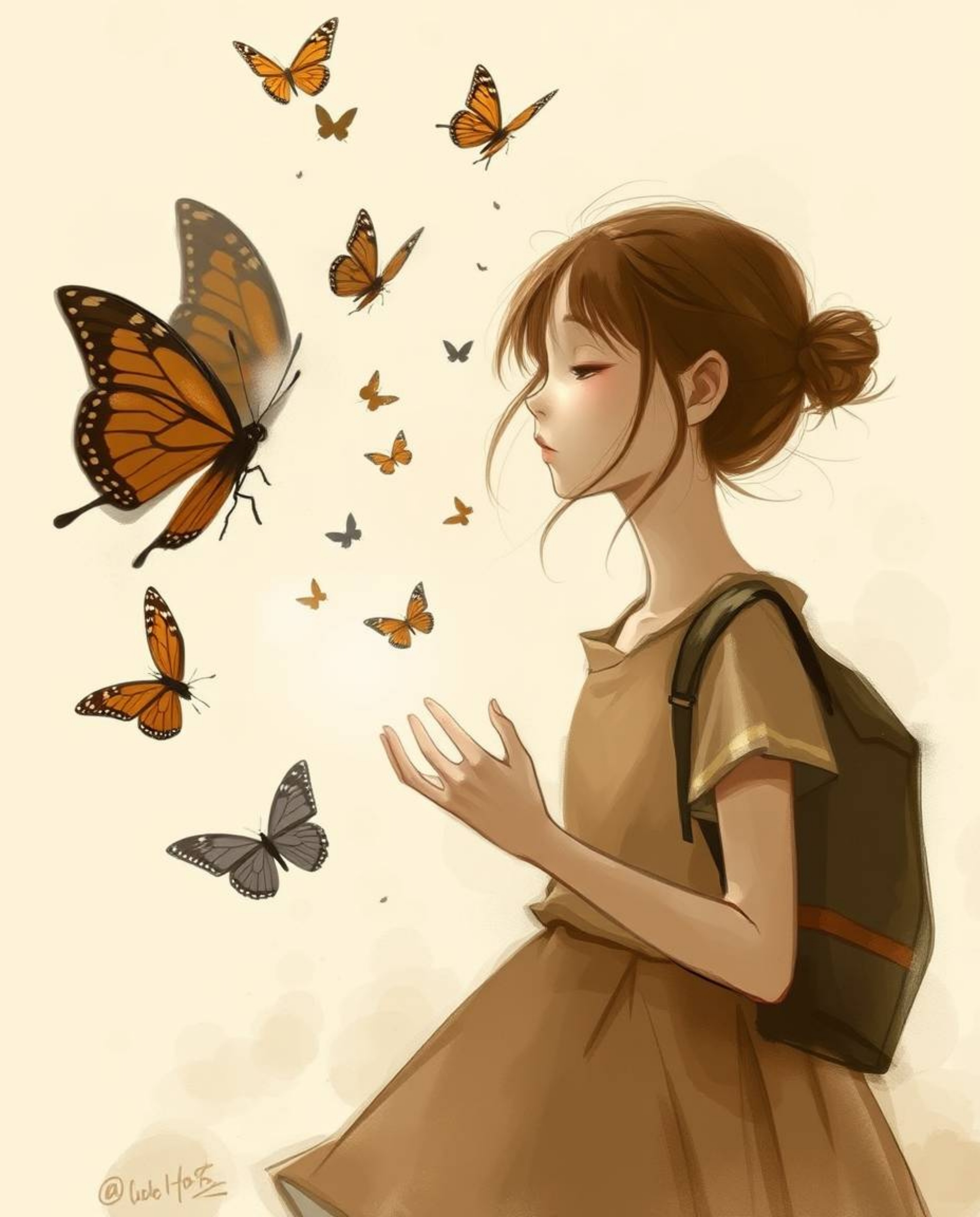 A digital sketch capturing a girl releasing butterflies, rendered in a loose painterly style using natural earth tones like b