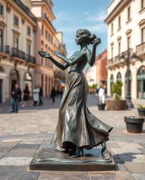 A captivating bronze sculpture depicts a graceful musical performance in a vibrant town square.  The piece features an antiqu