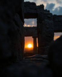 An extreme macro close-up shot in a strong, moody style, this image depicts a sunset casting shadows through ancient stone ru