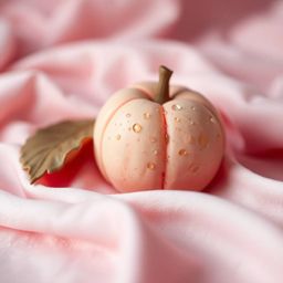 This art piece features a sculptural clay peach in warm autumn colors, captured in a close-up ASMR aesthetic. The soft, blush