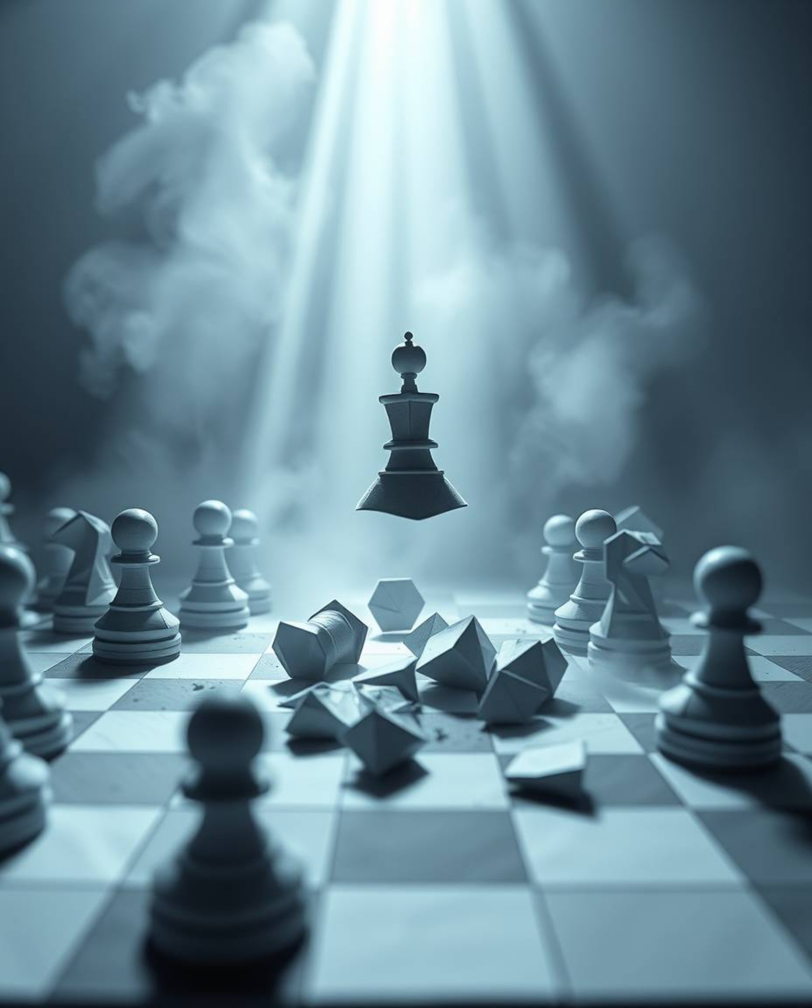 Explore the captivating fusion of intricate origami style and volumetric lighting in this surreal artwork. A chessboard, susp