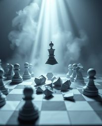 Explore the captivating fusion of intricate origami style and volumetric lighting in this surreal artwork. A chessboard, susp