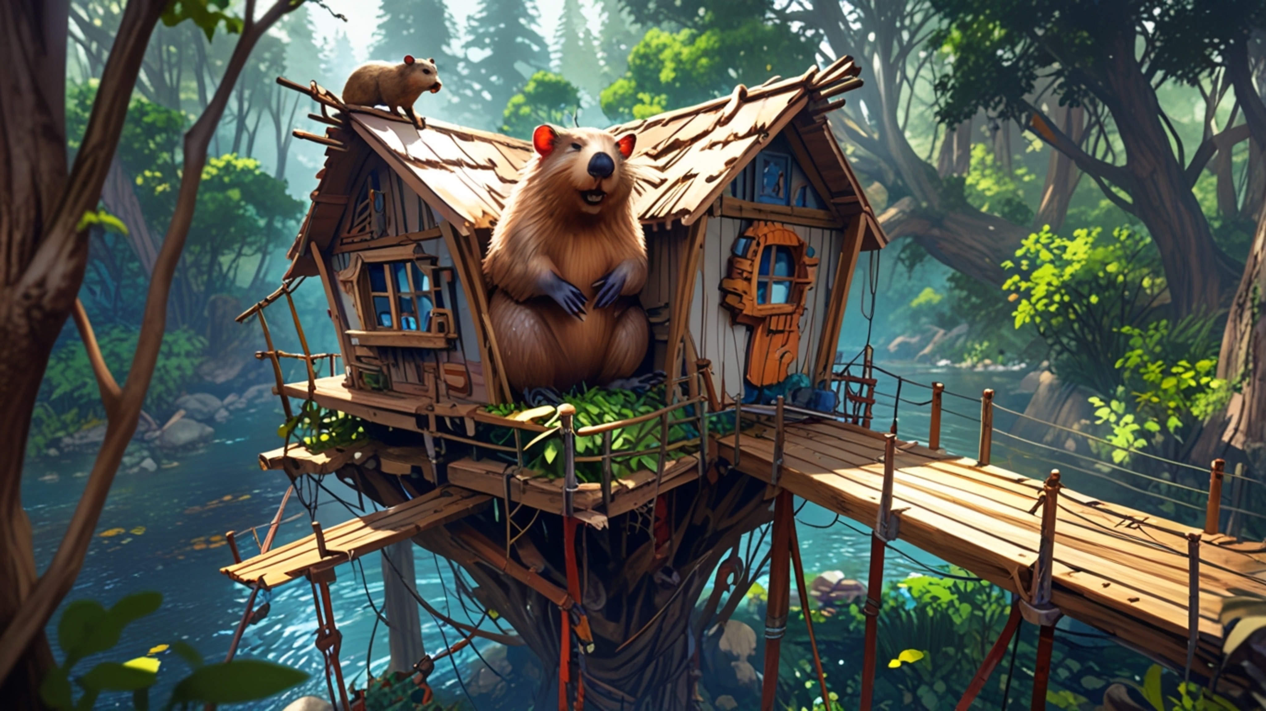 In a whimsical scene that blends the styles of Pixar and anime, a beaver is featured building the perfect treehouse for orpha