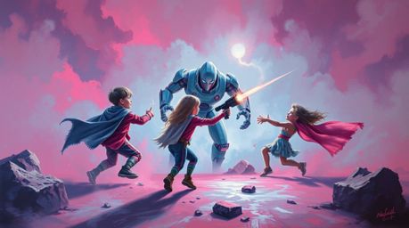 A bold acrylic painting in surreal infrared tones depicts three superpowered children engaged in an epic battle against a rob