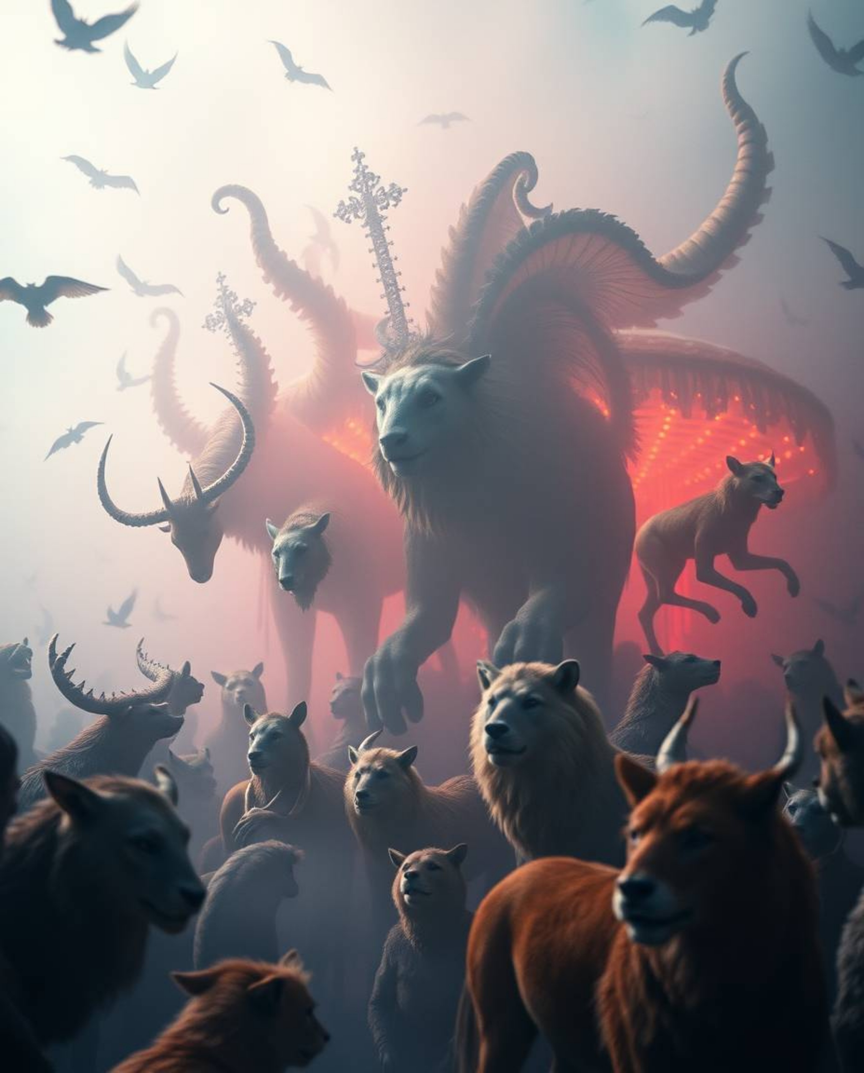 Experience an ethereal and spiritual vibe in a dreamlike atmosphere where a carnival is unexpectedly overtaken by wild animal
