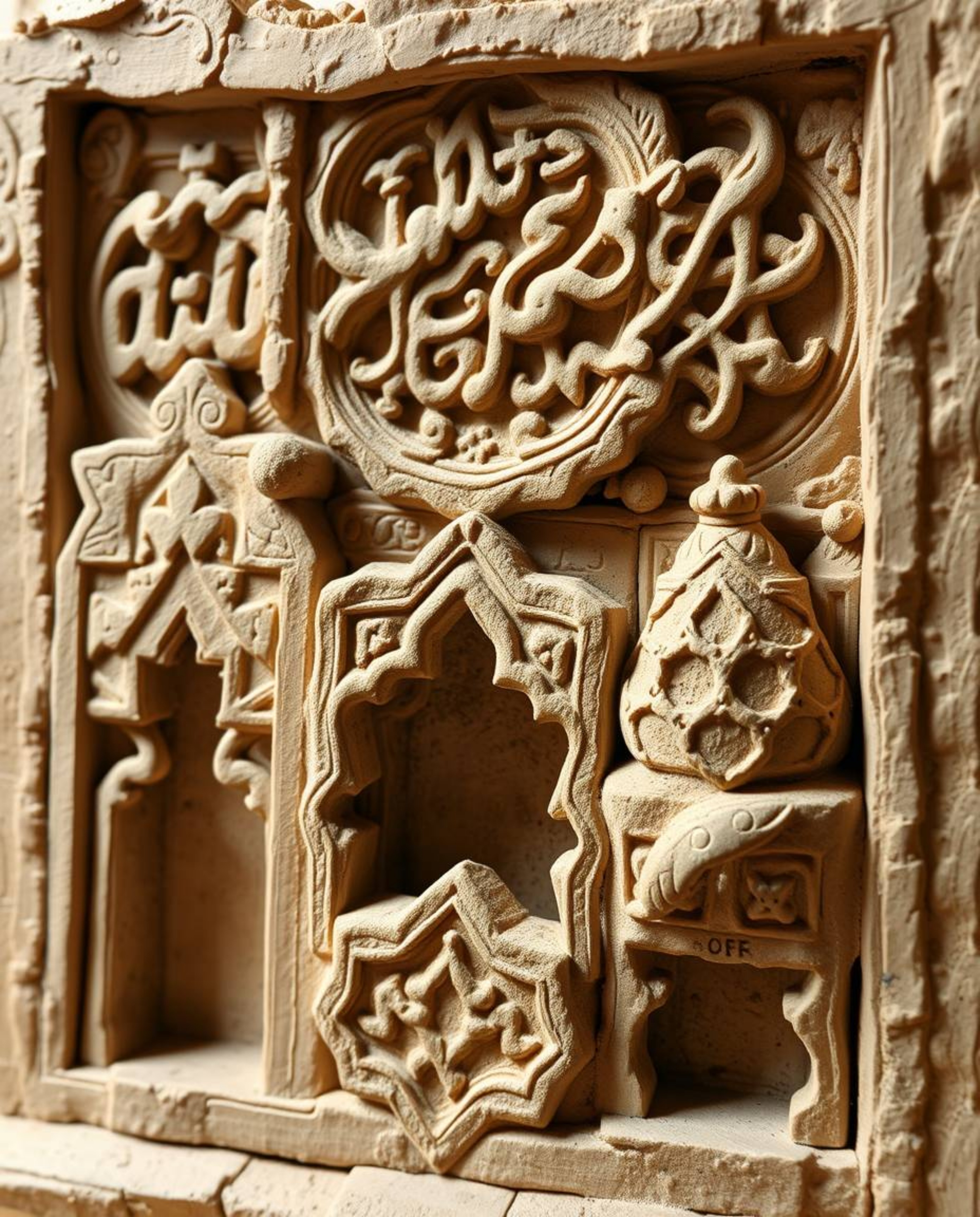 This sculptural clay artwork beautifully captures the essence of Islamic geometric stone carvings, showcasing intricate detai