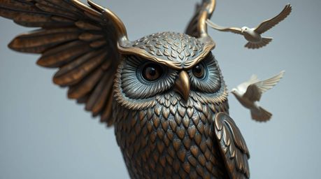 A captivating cast bronze sculpture depicting a blind owl in a Pixar-inspired style. The owl, rendered with detailed textures