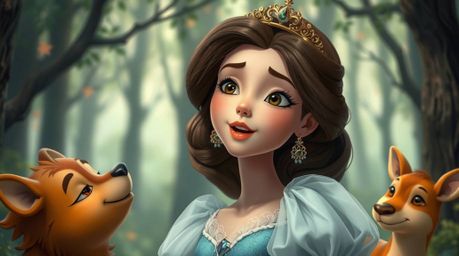 A captivating fine art photograph showcasing a graceful princess with refined features, joyfully singing alongside forest ani