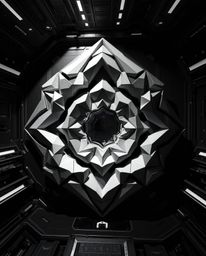 Explore a futuristic sci-fi landscape rendered as a 3D geometric pattern reminiscent of folded paper, presented in striking m