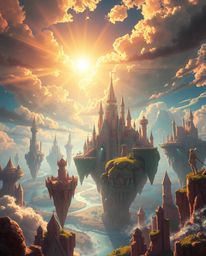Immerse yourself in a breathtaking digital painting showcasing a grand and epic scene. A colorful kingdom of floating islands
