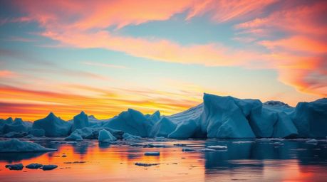 A breathtaking depiction of a sunset over icy polar glaciers.  This image showcases vibrant complementary colors, balanced to