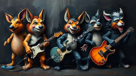 A captivating image depicts a cartoon rock band comprised of animals, rendered in a classic oil painting style. The artwork