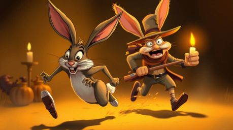 Experience the zany antics of a wacky rabbit with exaggerated features as it outruns a clumsy hunter in a hilarious slapstick